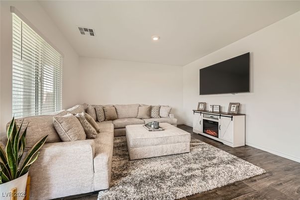 Fireplace, Interior, Living room, Recessed Lighting, Wood Texture Flooring