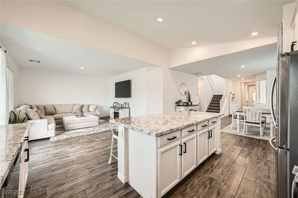 Dining room, Interior, Kitchen, Living room, Recessed Lighting, Wood Texture Flooring