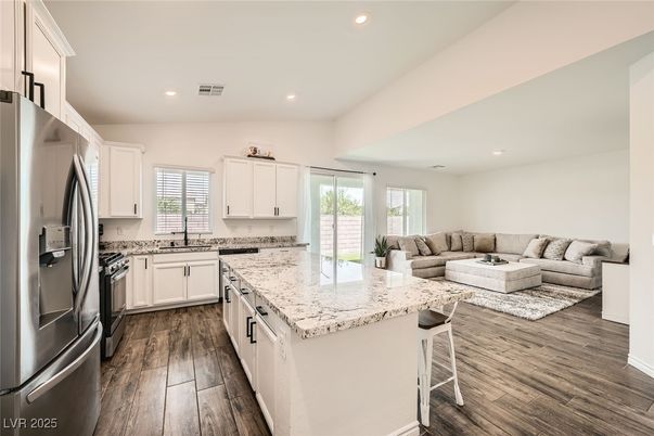 Interior, Kitchen, Living room, Recessed Lighting, Stainless Steel Appliances, Wood Texture Flooring