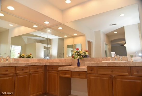 Bathroom, Dual Sink Vanities, Interior, Recessed Lighting, Tile Countertops