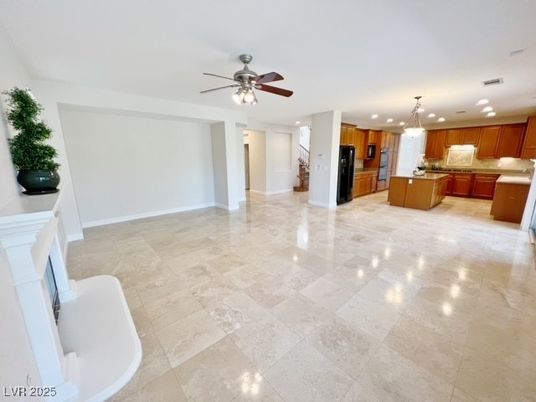 Fireplace, Interior, Kitchen, Pendant Lights, Recessed Lighting