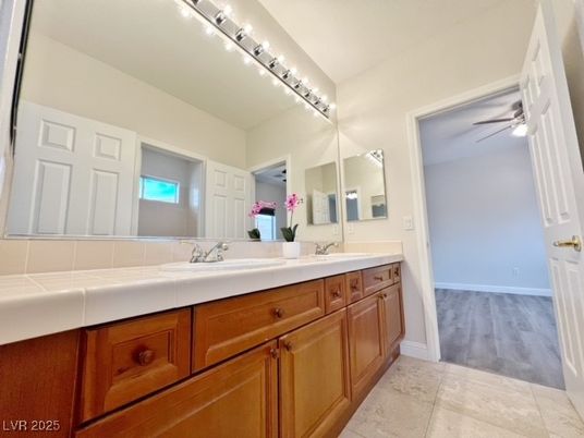 Bathroom, Dual Sink Vanities, Interior, Tile Countertops, Wood Texture Flooring