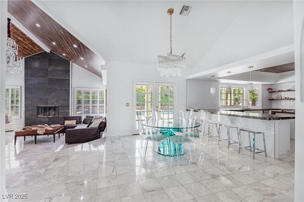 Chandelier, Fireplace, Interior, Kitchen, Living room, Marble, Pendant Lights, Recessed Lighting