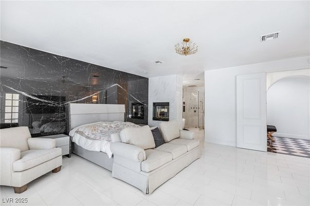 Bathroom, Bedroom, Fireplace, Glass Shower, Interior, Marble Walls
