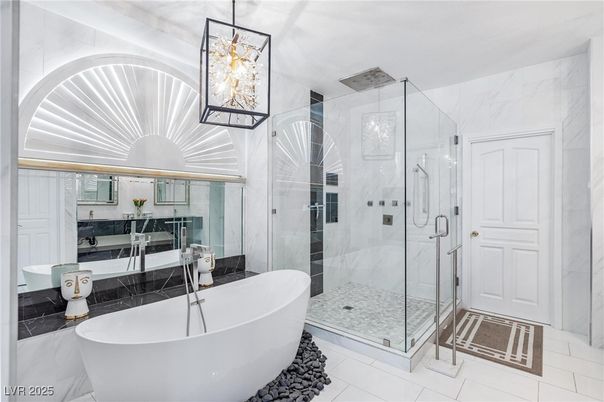 Bathroom, Free Standing Baths, Glass Shower, Interior, Marble Walls