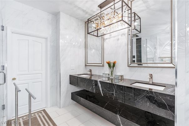 Bathroom, Dual Sink Vanities, Glass Shower, Interior, Marble Walls