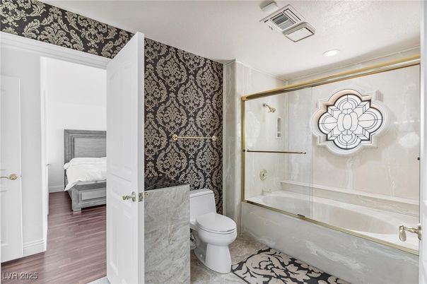 Bathroom, Bedroom, Glass Shower, Interior, Recessed Lighting, Wood Texture Flooring