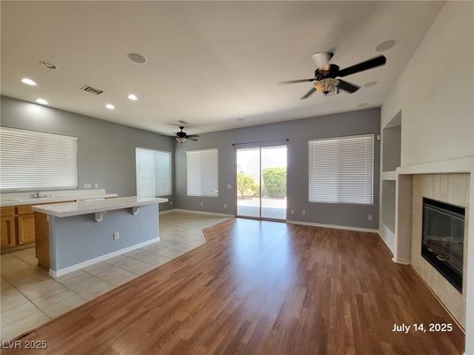 Empty room, Fireplace, Interior, Recessed Lighting, Wood Texture Flooring