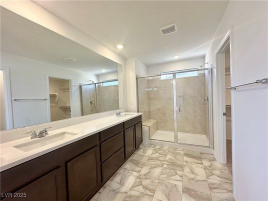 Bathroom, Dual Sink Vanities, Glass Shower, Interior, Marble, Recessed Lighting
