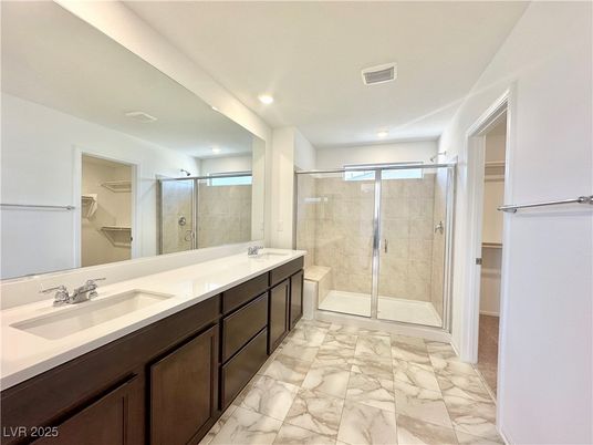 Bathroom, Dual Sink Vanities, Glass Shower, Interior, Marble, Recessed Lighting