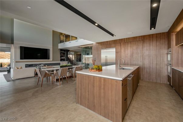 Dining room, Fireplace, Interior, Kitchen, Living room, Recessed Lighting, Stainless Steel Appliances