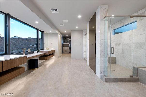 Bathroom, Glass Shower, Interior, Marble Walls, Recessed Lighting