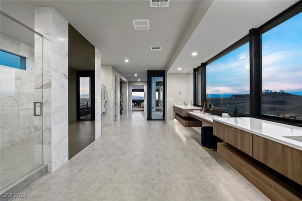 Bathroom, Dual Sink Vanities, Interior, Marble Walls, Recessed Lighting, Water