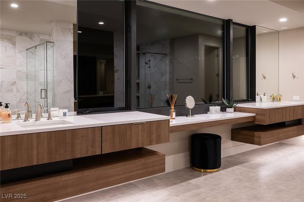 Bathroom, Dual Sink Vanities, Interior, Marble Walls, Recessed Lighting