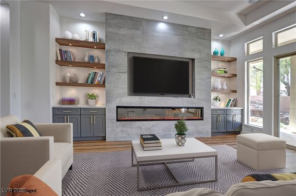 Fireplace, Interior, Living room, Recessed Lighting, Wood Texture Flooring