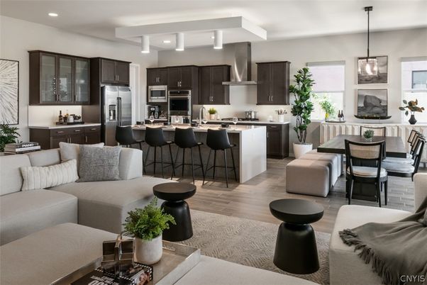 Dining room, Interior, Kitchen, Living room, Pendant Lights, Recessed Lighting, Stainless Steel Appliances, Wood Texture Flooring