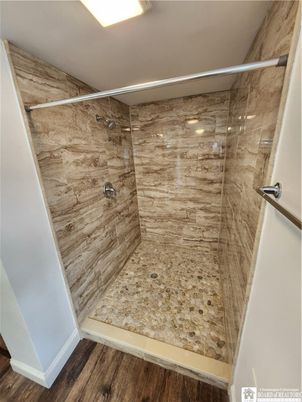 Bathroom, Glass Shower, Interior, Wood Texture Flooring