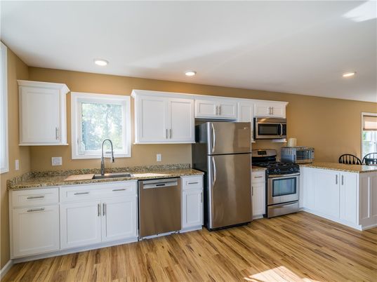 Interior, Kitchen, Recessed Lighting, Stainless Steel Appliances, Wood Texture Flooring
