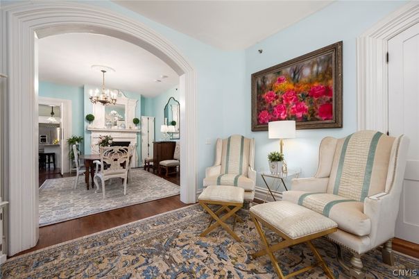 Chandelier, Dining room, Fireplace, Interior, Wood Texture Flooring