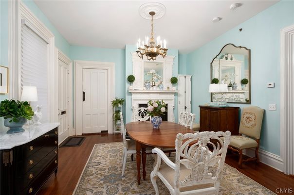 Chandelier, Dining room, Fireplace, Interior, Wood Texture Flooring