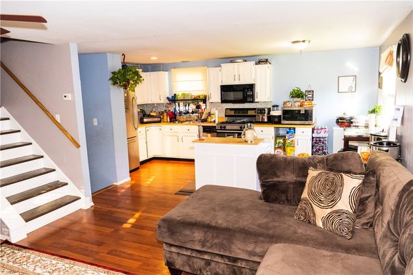 Interior, Kitchen, Living room, Recessed Lighting, Stainless Steel Appliances, Wood Texture Flooring