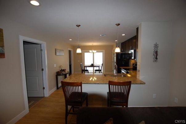 Dining room, Interior, Kitchen, Pendant Lights, Recessed Lighting, Wood Texture Flooring