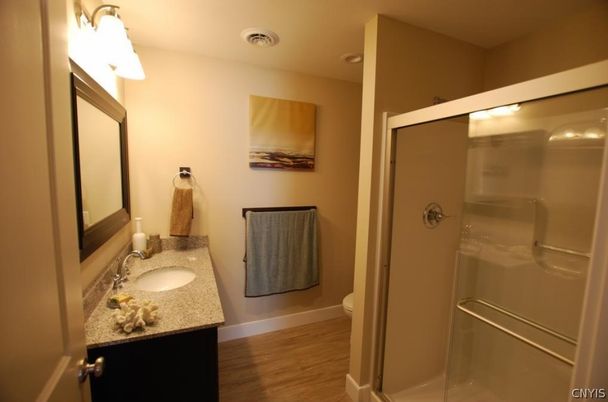 Bathroom, Glass Shower, Interior, Wood Texture Flooring