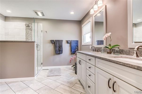 Bathroom, Dual Sink Vanities, Glass Shower, Interior, Recessed Lighting