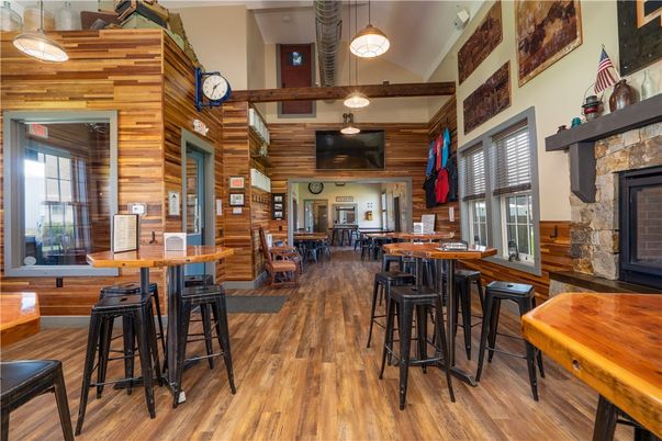 Dining room, Fireplace, Interior, Pendant Lights, Wood Texture Flooring, Wooden Walls
