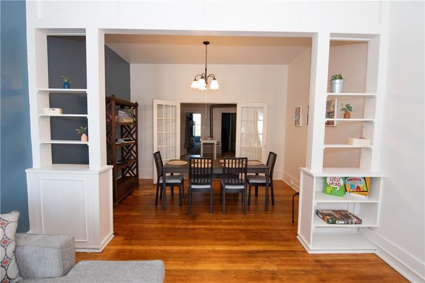 Dining room, Interior, Pendant Lights, Wood Texture Flooring