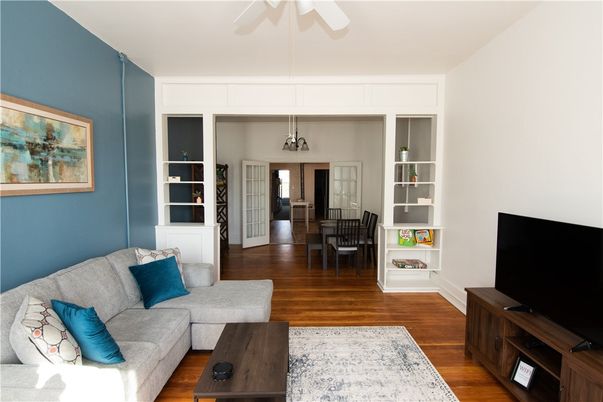 Dining room, Interior, Living room, Pendant Lights, Wood Texture Flooring