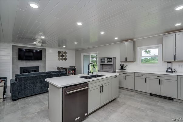 Fireplace, Interior, Kitchen, Living room, Recessed Lighting, Stainless Steel Appliances