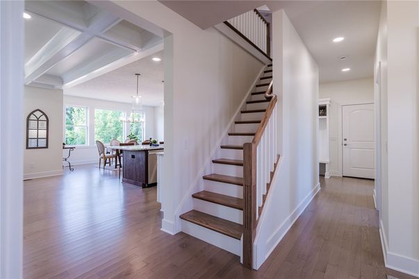 Dining room, Interior, Pendant Lights, Recessed Lighting, Wood Texture Flooring