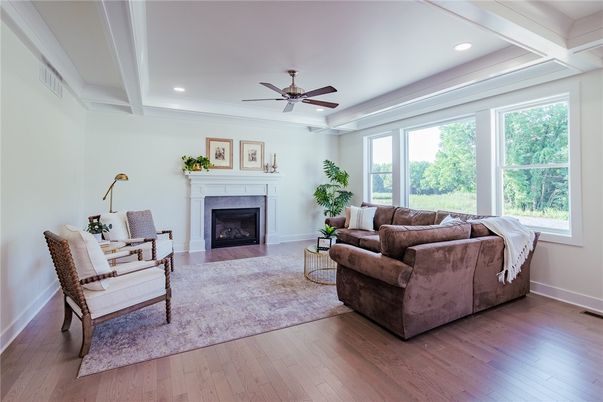 Fireplace, Interior, Living room, Recessed Lighting, Wood Texture Flooring
