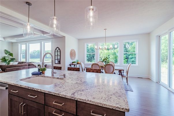 Dining room, Interior, Kitchen, Pendant Lights, Wood Texture Flooring
