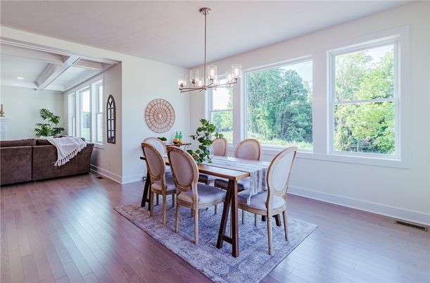 Dining room, Interior, Living room, Pendant Lights, Recessed Lighting, Wood Texture Flooring
