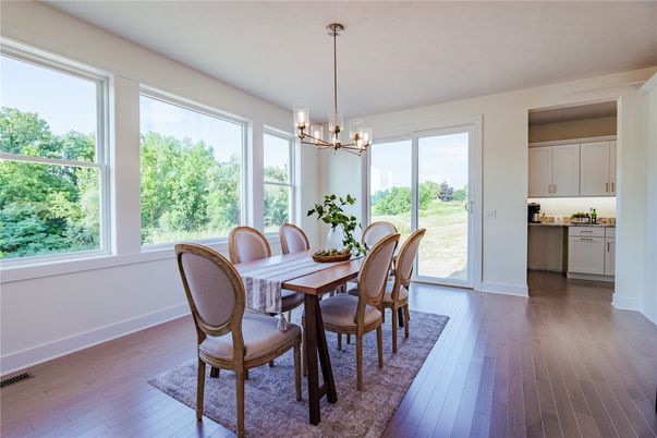 Dining room, Interior, Pendant Lights, Wood Texture Flooring