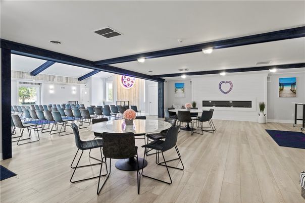 Dining room, Fireplace, Interior, Recessed Lighting, Wood Texture Flooring