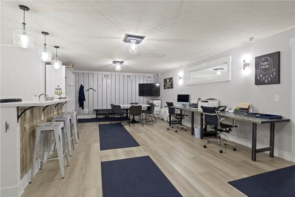 Home Office, Interior, Pendant Lights, Wood Texture Flooring