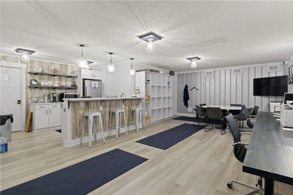 Dining room, Interior, Pendant Lights, Wood Texture Flooring