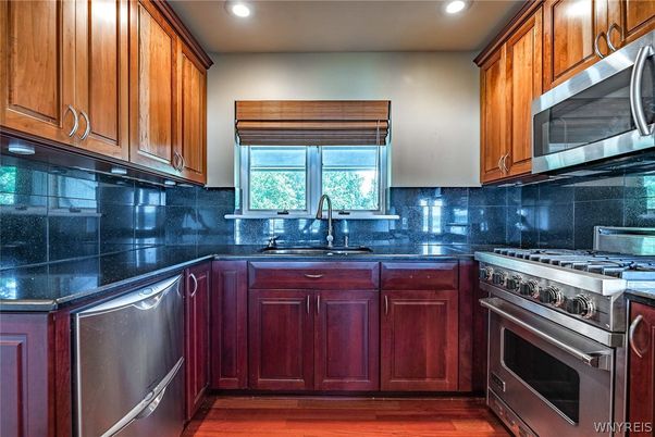 Interior, Kitchen, Recessed Lighting, Stainless Steel Appliances, Wood Texture Flooring