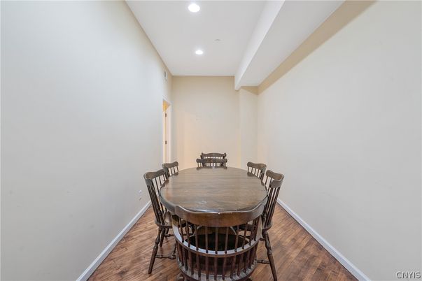 Dining room, Interior, Recessed Lighting, Wood Texture Flooring