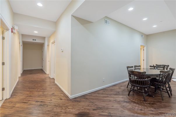 Dining room, Interior, Recessed Lighting, Wood Texture Flooring
