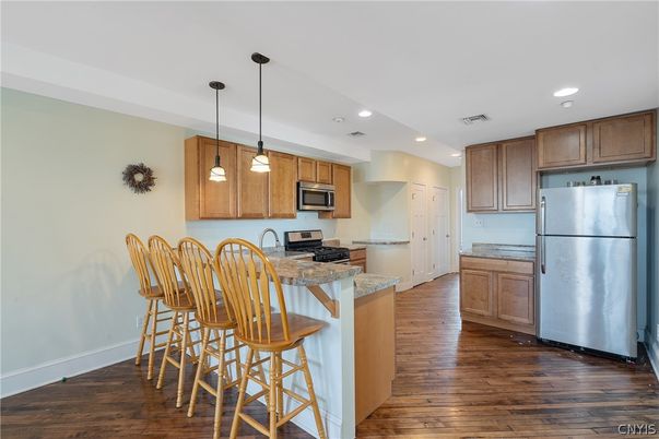 Interior, Kitchen, Pendant Lights, Recessed Lighting, Stainless Steel Appliances, Wood Texture Flooring