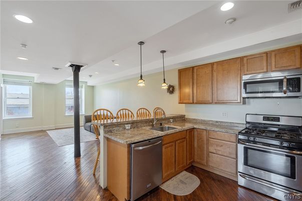 Interior, Kitchen, Pendant Lights, Recessed Lighting, Stainless Steel Appliances, Wood Texture Flooring