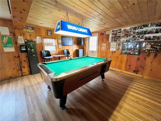 Billiard Table, Game Room, Interior, Pendant Lights, Wooden Ceilings, Wood Texture Flooring, Wooden Walls