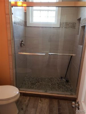 Bathroom, Glass Shower, Interior, Wood Texture Flooring