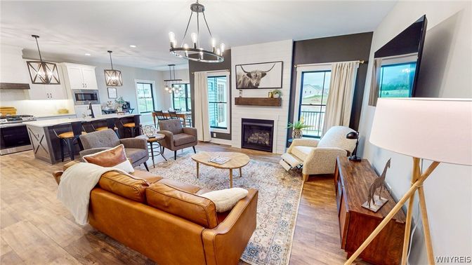 Dining room, Fireplace, Interior, Kitchen, Living room, Pendant Lights, Recessed Lighting, Wood Texture Flooring