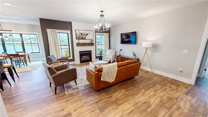 Chandelier, Dining room, Fireplace, Interior, Living room, Pendant Lights, Wood Texture Flooring