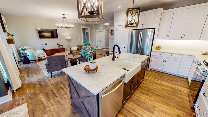 Chandelier, Interior, Kitchen, Living room, Pendant Lights, Recessed Lighting, Stainless Steel Appliances, Wood Texture Flooring